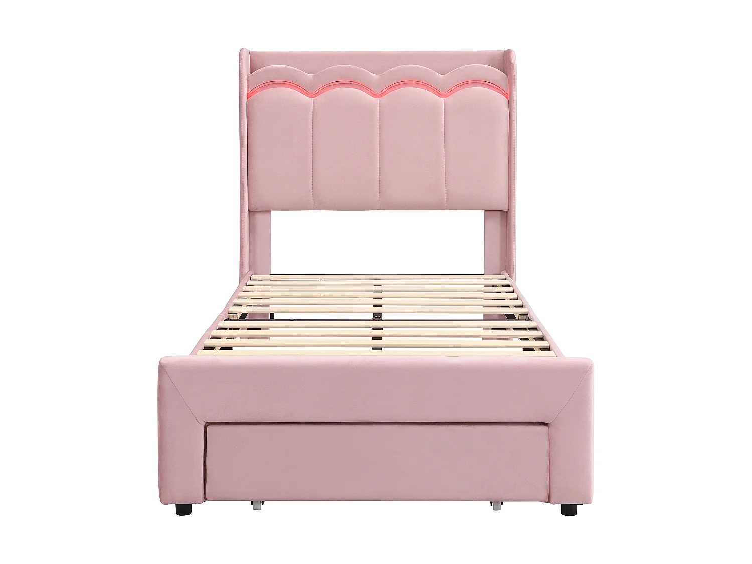 Lit rembourré pour enfants 90x200cm - avec 1 tiroir - avec éclairage LED - tissu velours - Rose (sans matelas)
