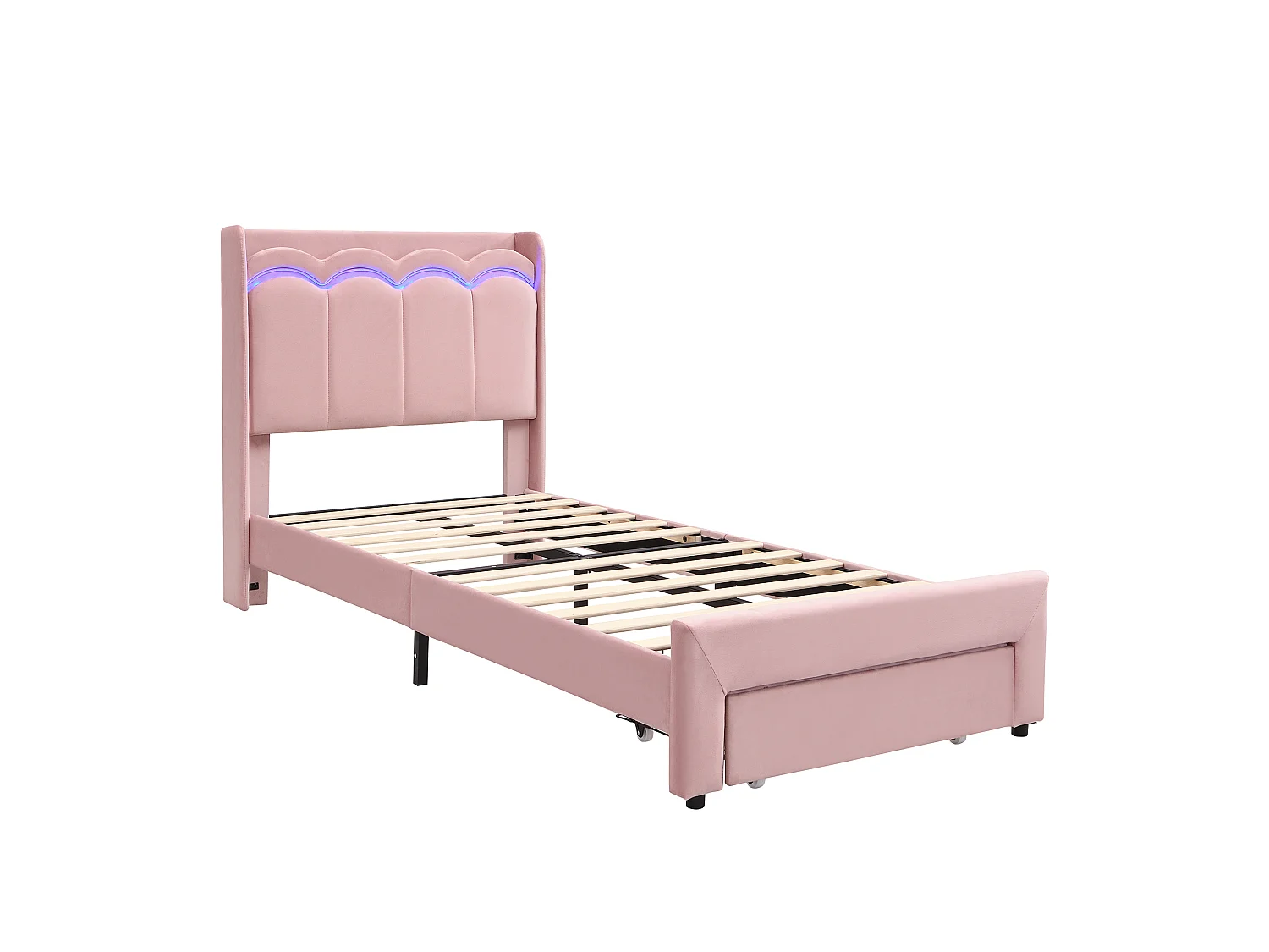 Lit rembourré pour enfants 90x200cm - avec 1 tiroir - avec éclairage LED - tissu velours - Rose (sans matelas)