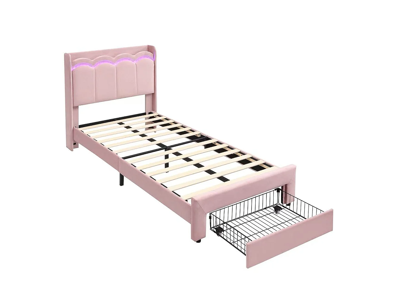 Lit rembourré pour enfants 90x200cm - avec 1 tiroir - avec éclairage LED - tissu velours - Rose (sans matelas)