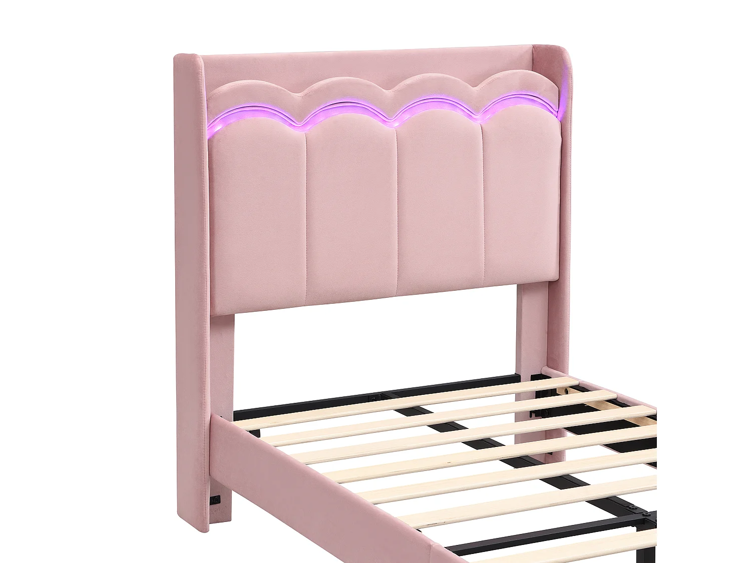 Lit rembourré pour enfants 90x200cm - avec 1 tiroir - avec éclairage LED - tissu velours - Rose (sans matelas)
