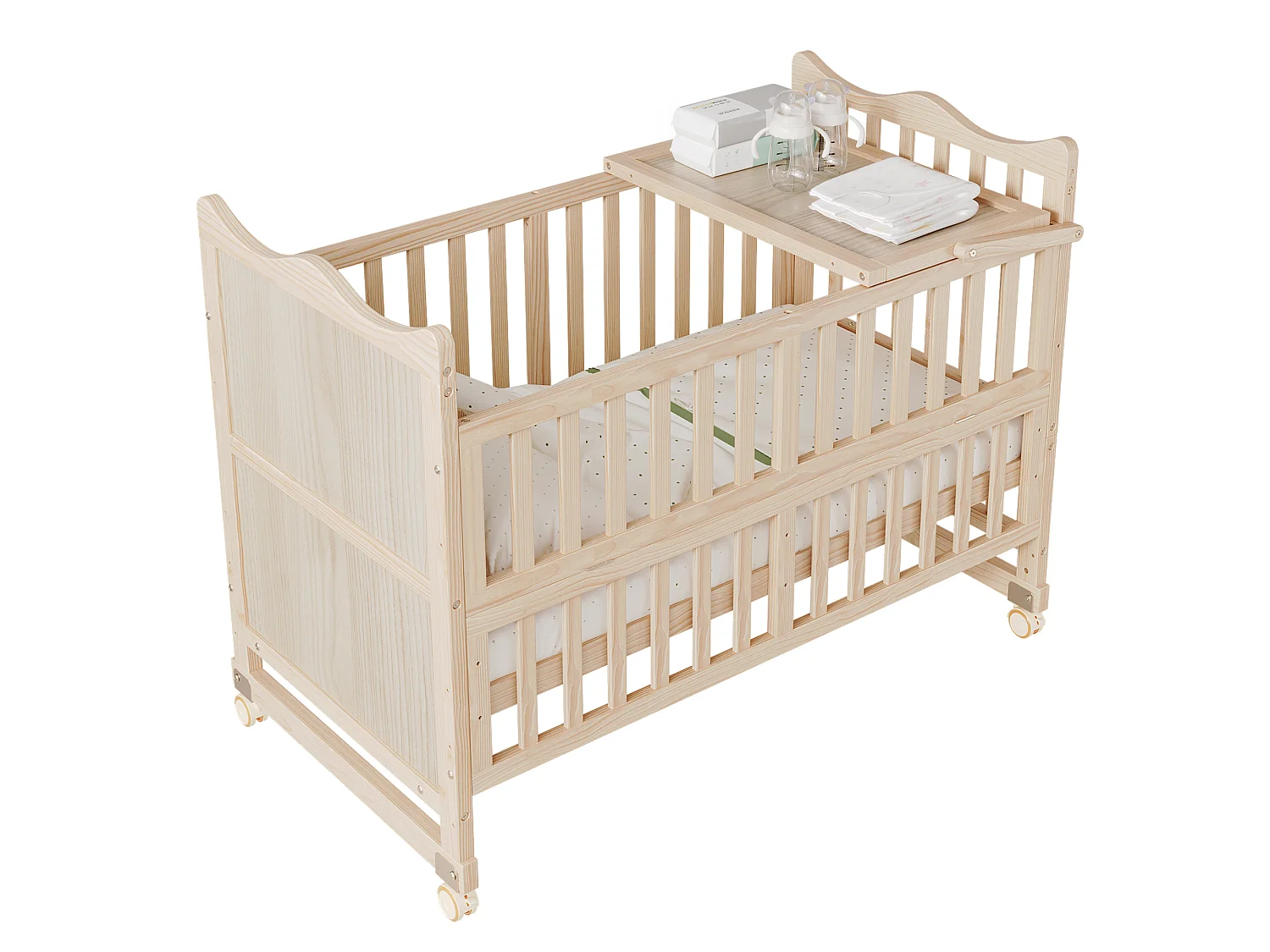 Lit bébé évolutif 3-en-1 60 x 120 cm en pin massif - Lit cododo réglable en hauteur avec plan à langer et roulettes - Naturel