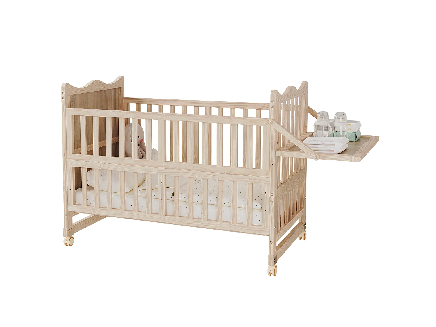 Lit bébé évolutif 3-en-1 60 x 120 cm en pin massif - Lit cododo réglable en hauteur avec plan à langer et roulettes - Naturel