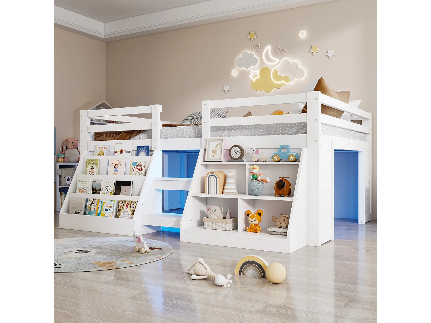 Kinderbett 140 x 200 cm – mit Aufbewahrungsregalen – mit Sicherheitsgittern – mit Leiter – mit LED-Beleuchtung – Weiß (Matratze nicht enthalten)