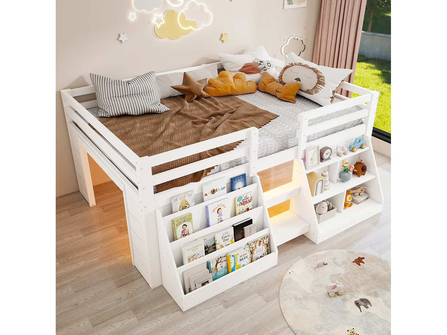 Kinderbett 140 x 200 cm – mit Aufbewahrungsregalen – mit Sicherheitsgittern – mit Leiter – mit LED-Beleuchtung – Weiß (Matratze nicht enthalten)