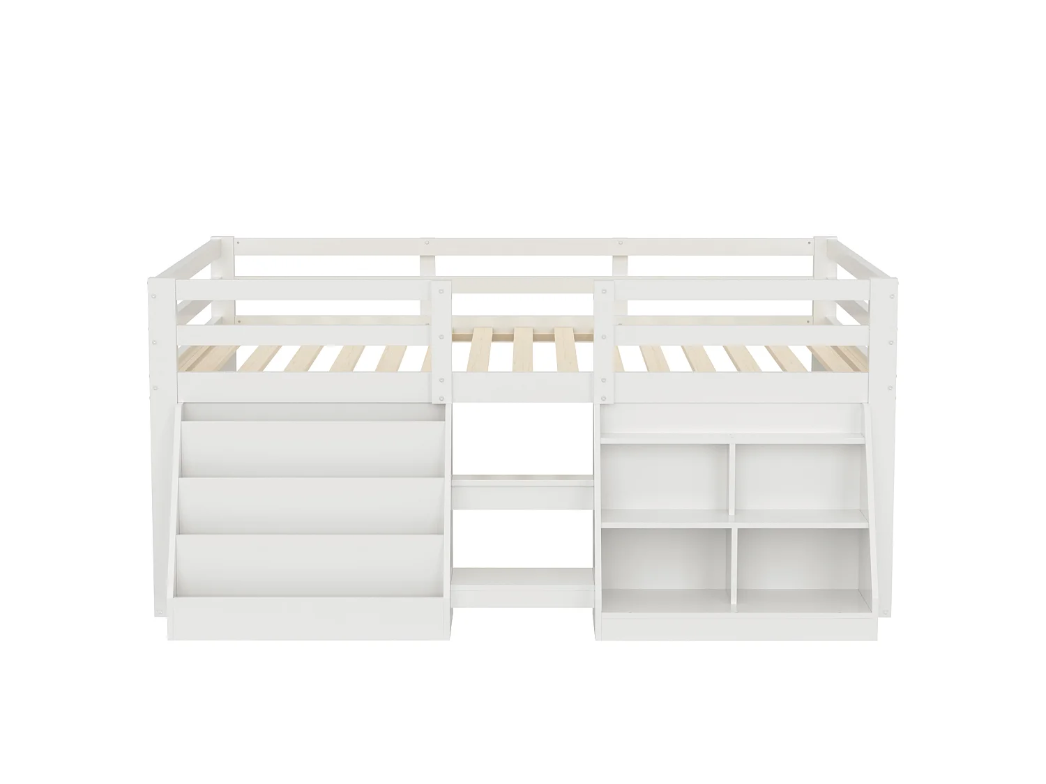 Kinderbett 140 x 200 cm – mit Aufbewahrungsregalen – mit Sicherheitsgittern – mit Leiter – mit LED-Beleuchtung – Weiß (Matratze nicht enthalten)