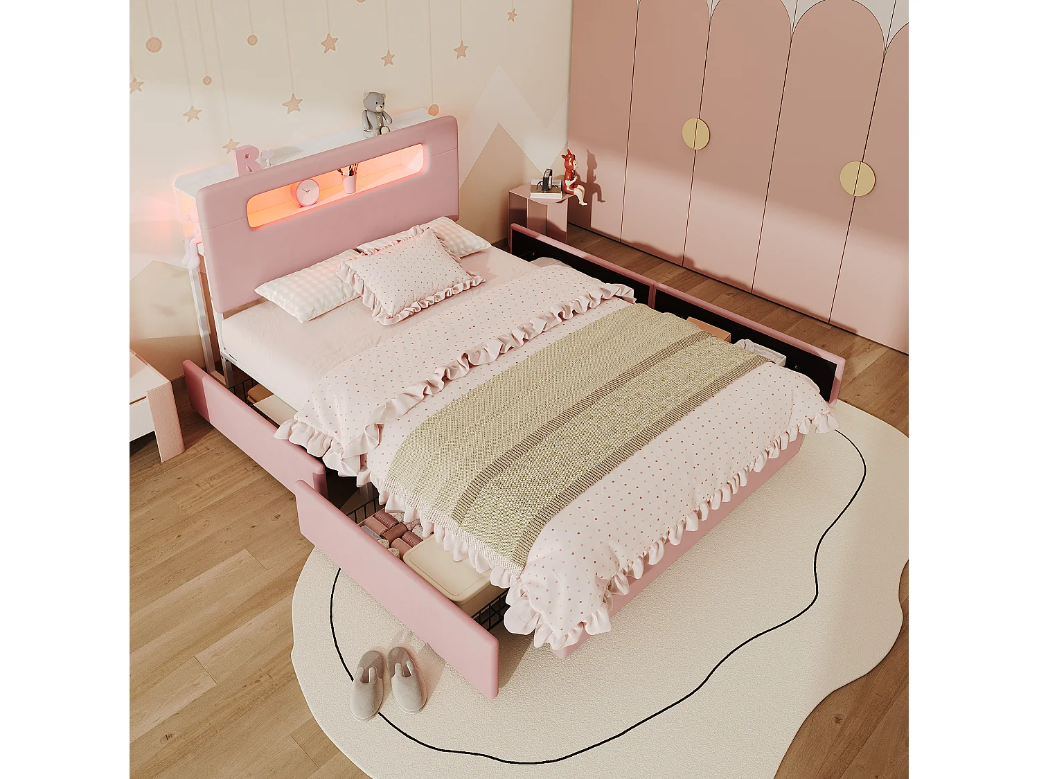 Lit rembourré pour enfants 140x200cm - avec 4 tiroirs - avec éclairage LED - compartiment de rangement ouvert - tissu velours - Rose (sans matelas)