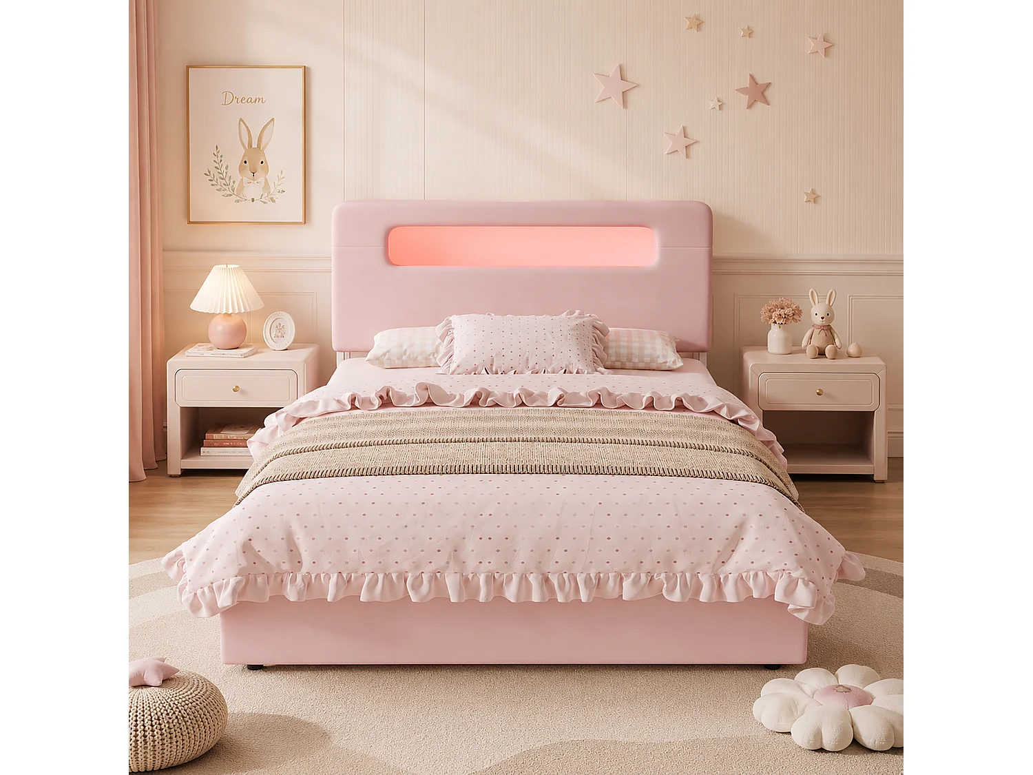 Lit rembourré pour enfants 140x200cm - avec 4 tiroirs - avec éclairage LED - compartiment de rangement ouvert - tissu velours - Rose (sans matelas)