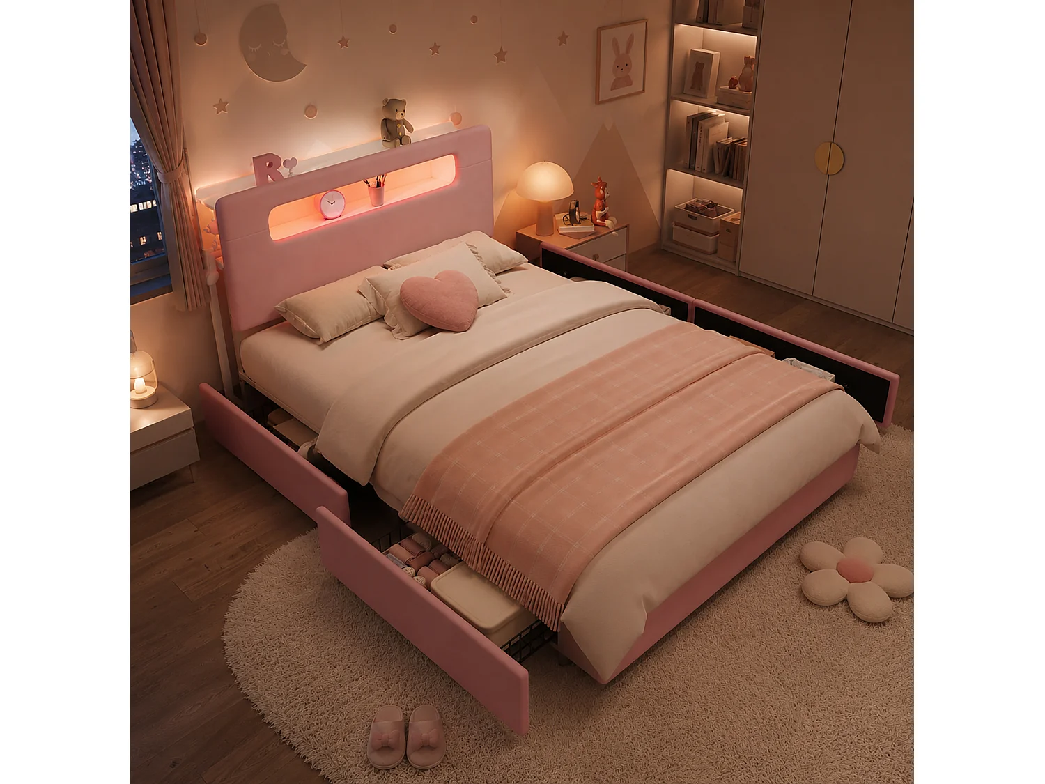 Lit rembourré pour enfants 140x200cm - avec 4 tiroirs - avec éclairage LED - compartiment de rangement ouvert - tissu velours - Rose (sans matelas)