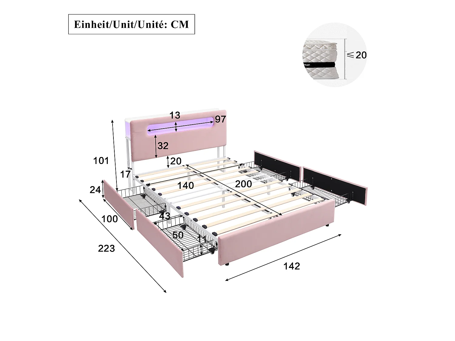 Lit rembourré pour enfants 140x200cm - avec 4 tiroirs - avec éclairage LED - compartiment de rangement ouvert - tissu velours - Rose (sans matelas)