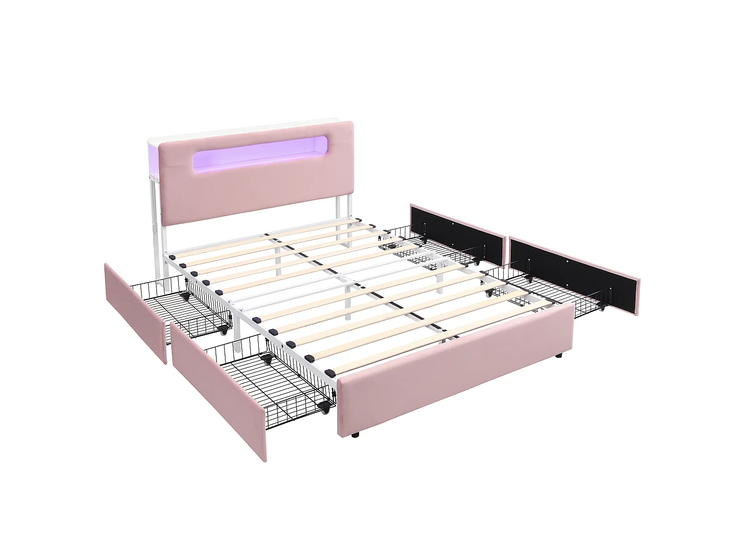Lit rembourré pour enfants 140x200cm - avec 4 tiroirs - avec éclairage LED - compartiment de rangement ouvert - tissu velours - Rose (sans matelas)
