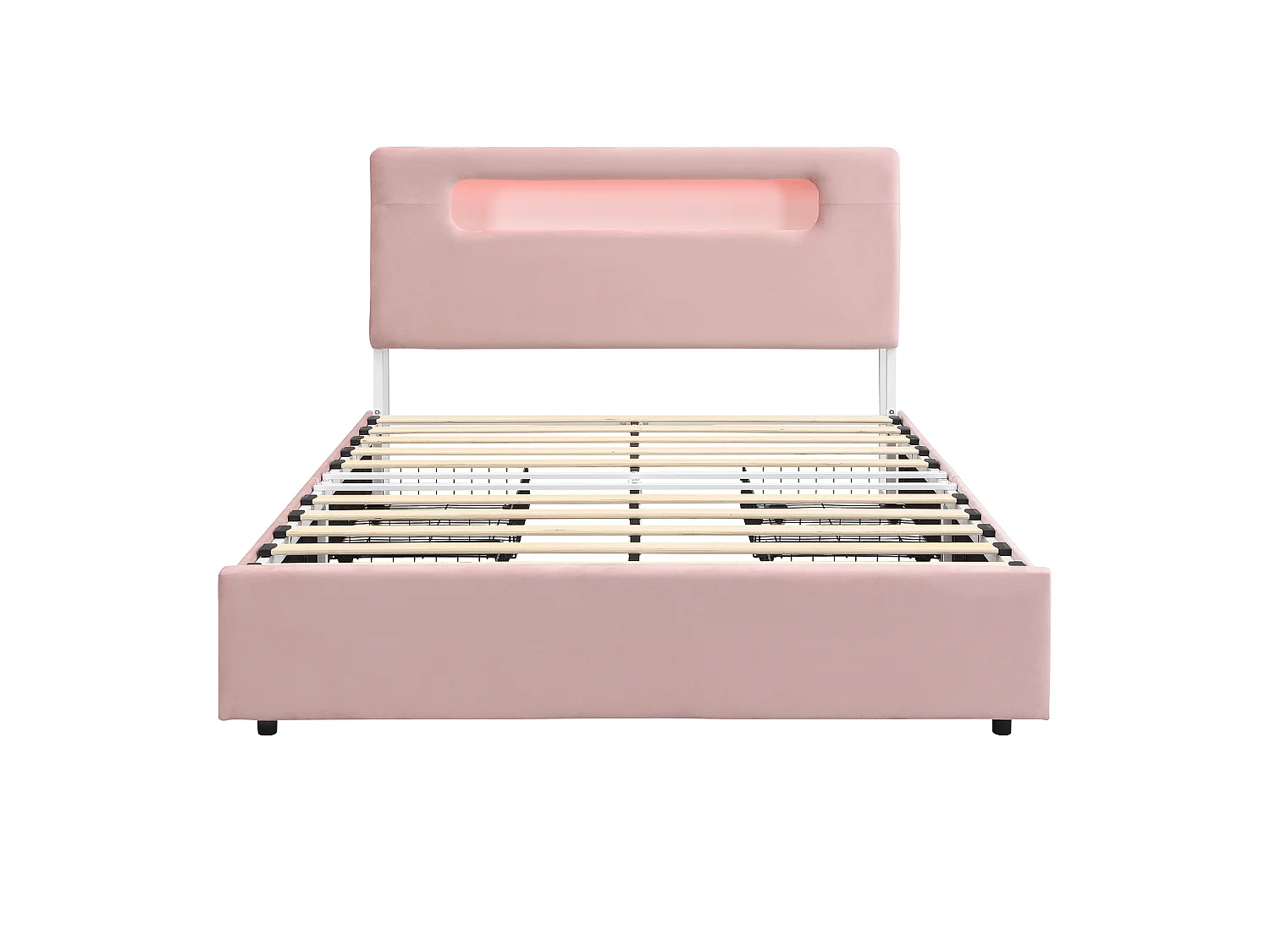 Lit rembourré pour enfants 140x200cm - avec 4 tiroirs - avec éclairage LED - compartiment de rangement ouvert - tissu velours - Rose (sans matelas)