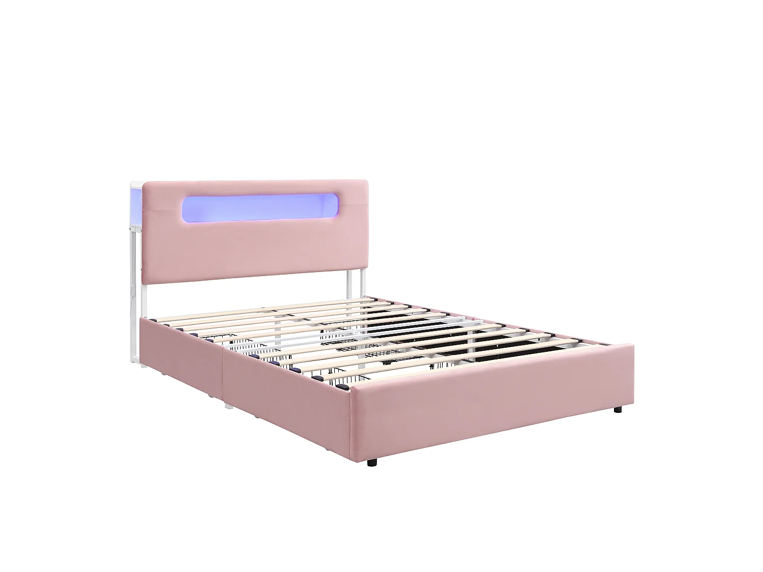 Lit rembourré pour enfants 140x200cm - avec 4 tiroirs - avec éclairage LED - compartiment de rangement ouvert - tissu velours - Rose (sans matelas)