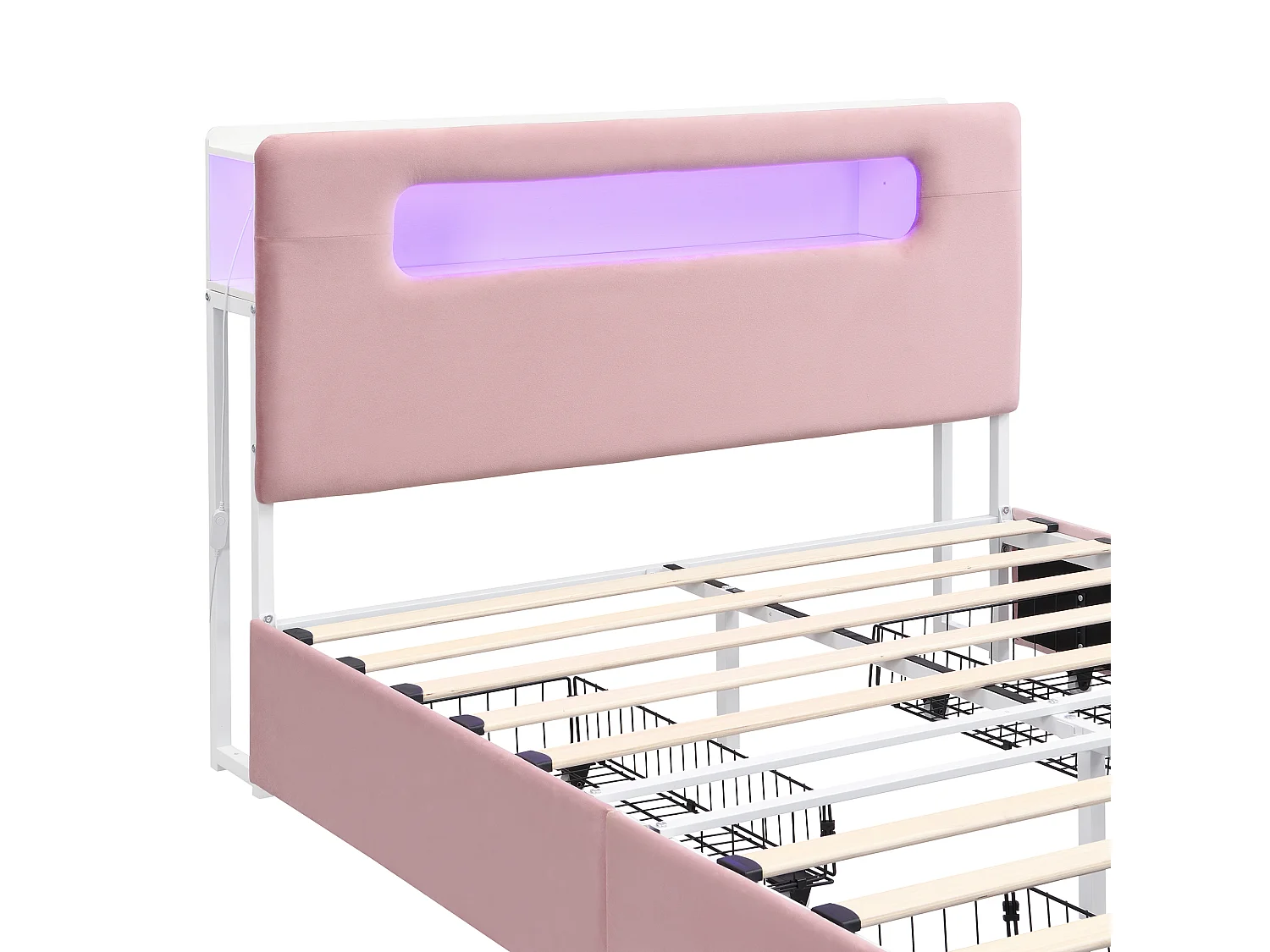 Lit rembourré pour enfants 140x200cm - avec 4 tiroirs - avec éclairage LED - compartiment de rangement ouvert - tissu velours - Rose (sans matelas)