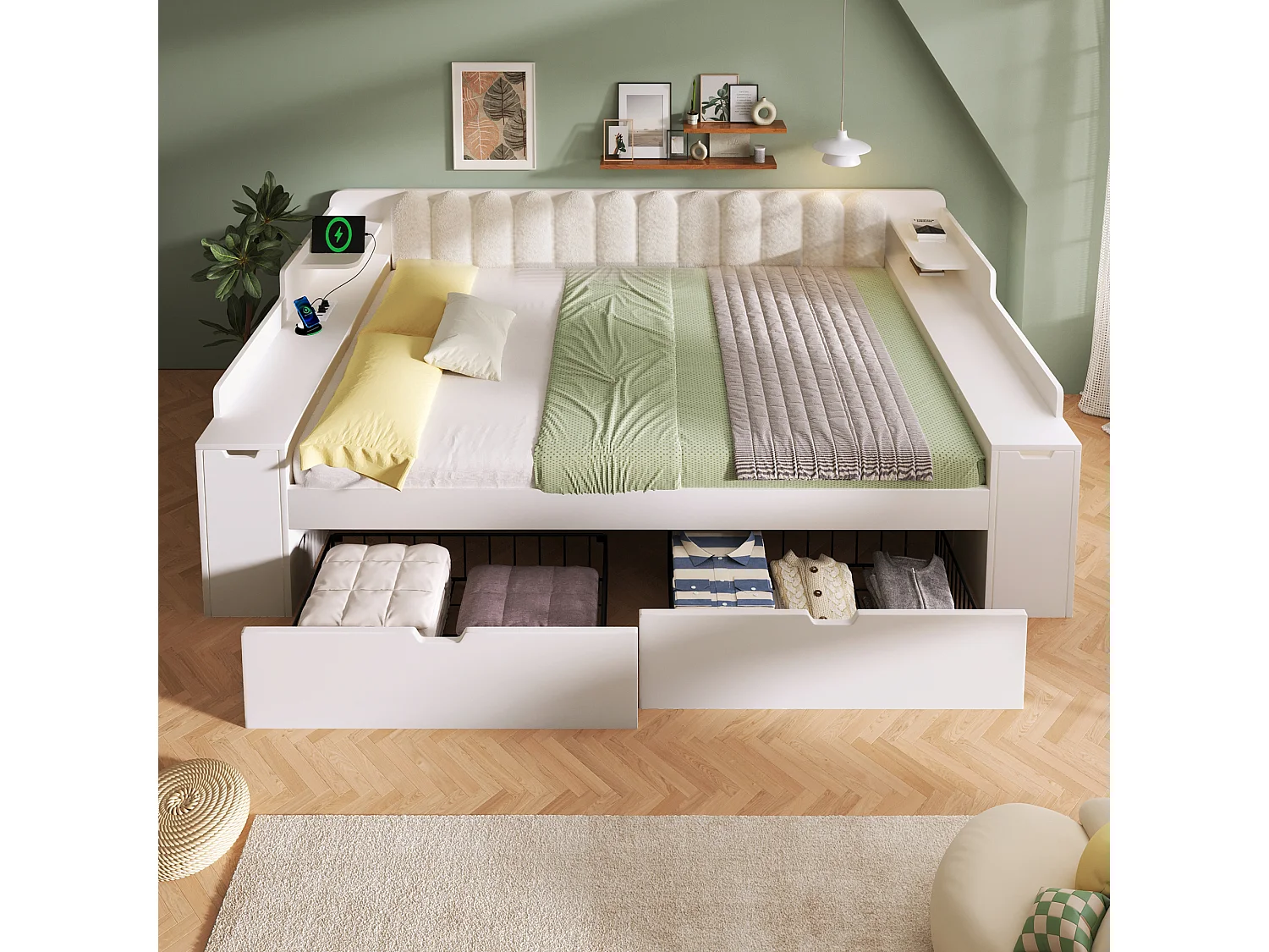 Canapé-lit 140x200cm - avec 2 tiroirs - avec USB/Type-C - compartiment de rangement - dossier polaire sherpa - blanc (matelas non inclus)