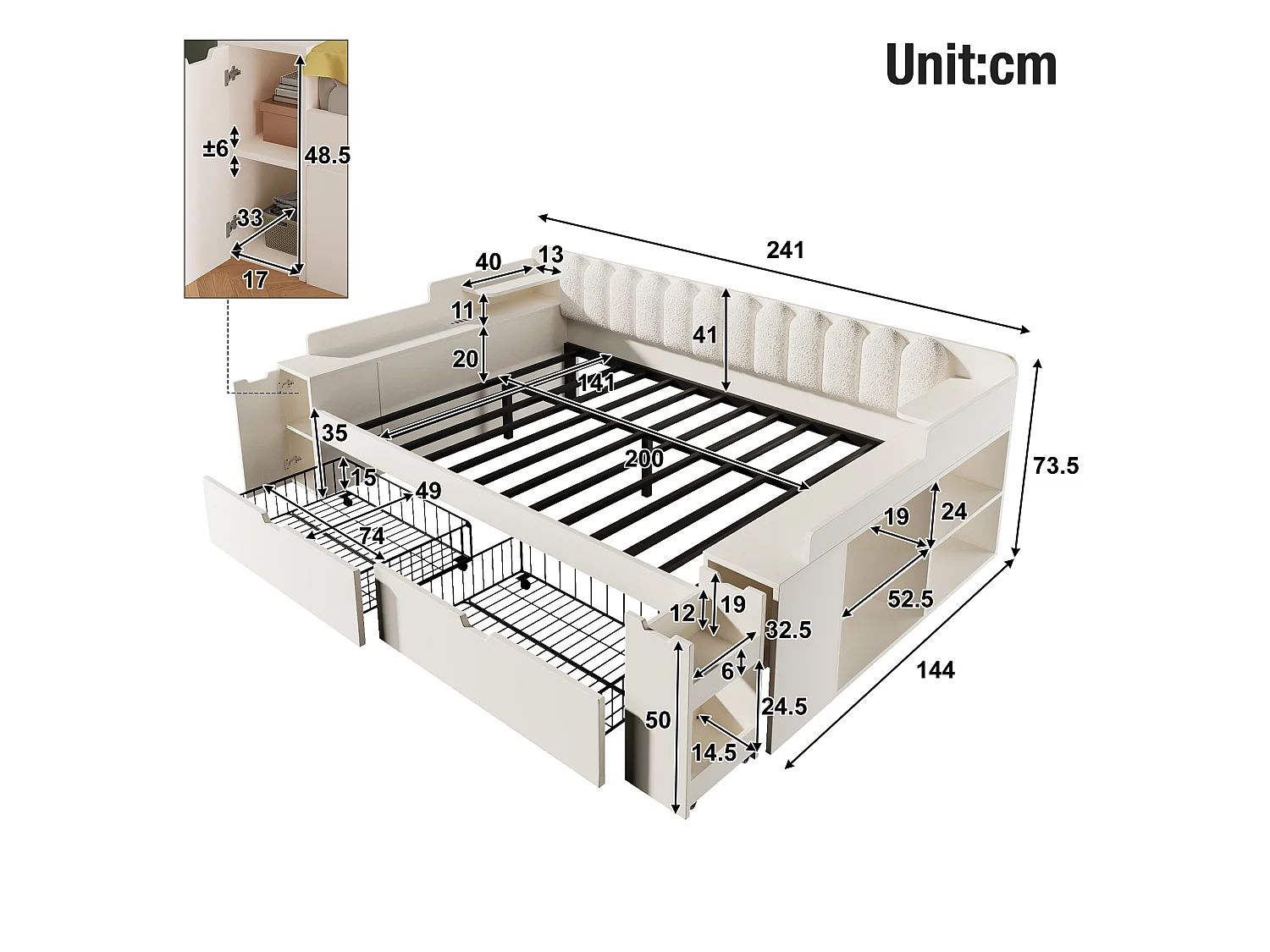 Canapé-lit 140x200cm - avec 2 tiroirs - avec USB/Type-C - compartiment de rangement - dossier polaire sherpa - blanc (matelas non inclus)