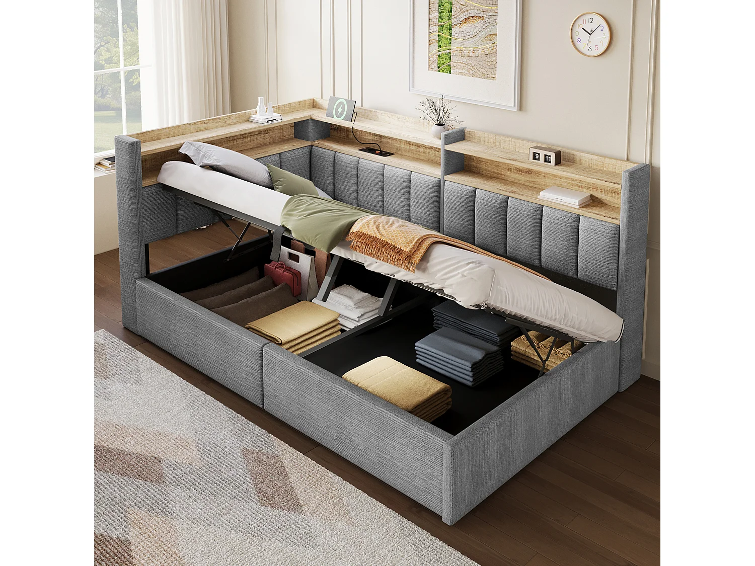 Sovesofa med opbevaringsrum 90 x 200 cm – med LED-belysning og USB-port – Velour – Grå (madras ikke inkluderet)