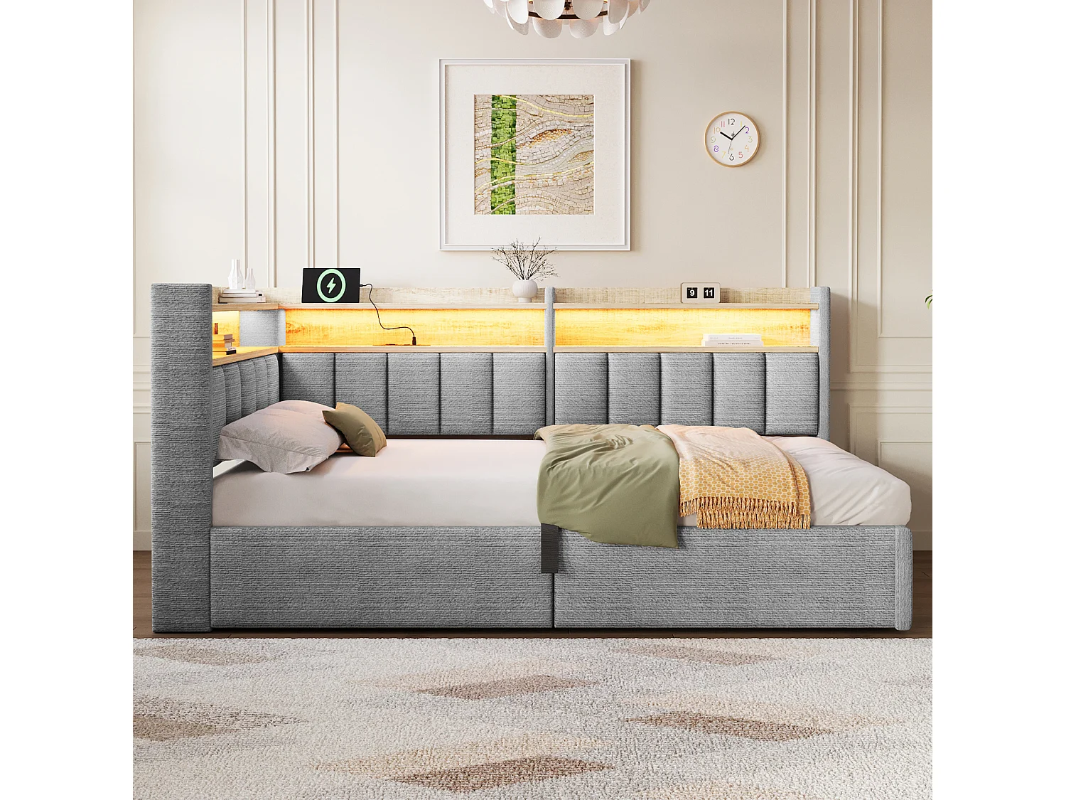 Sovesofa med opbevaringsrum 90 x 200 cm – med LED-belysning og USB-port – Velour – Grå (madras ikke inkluderet)