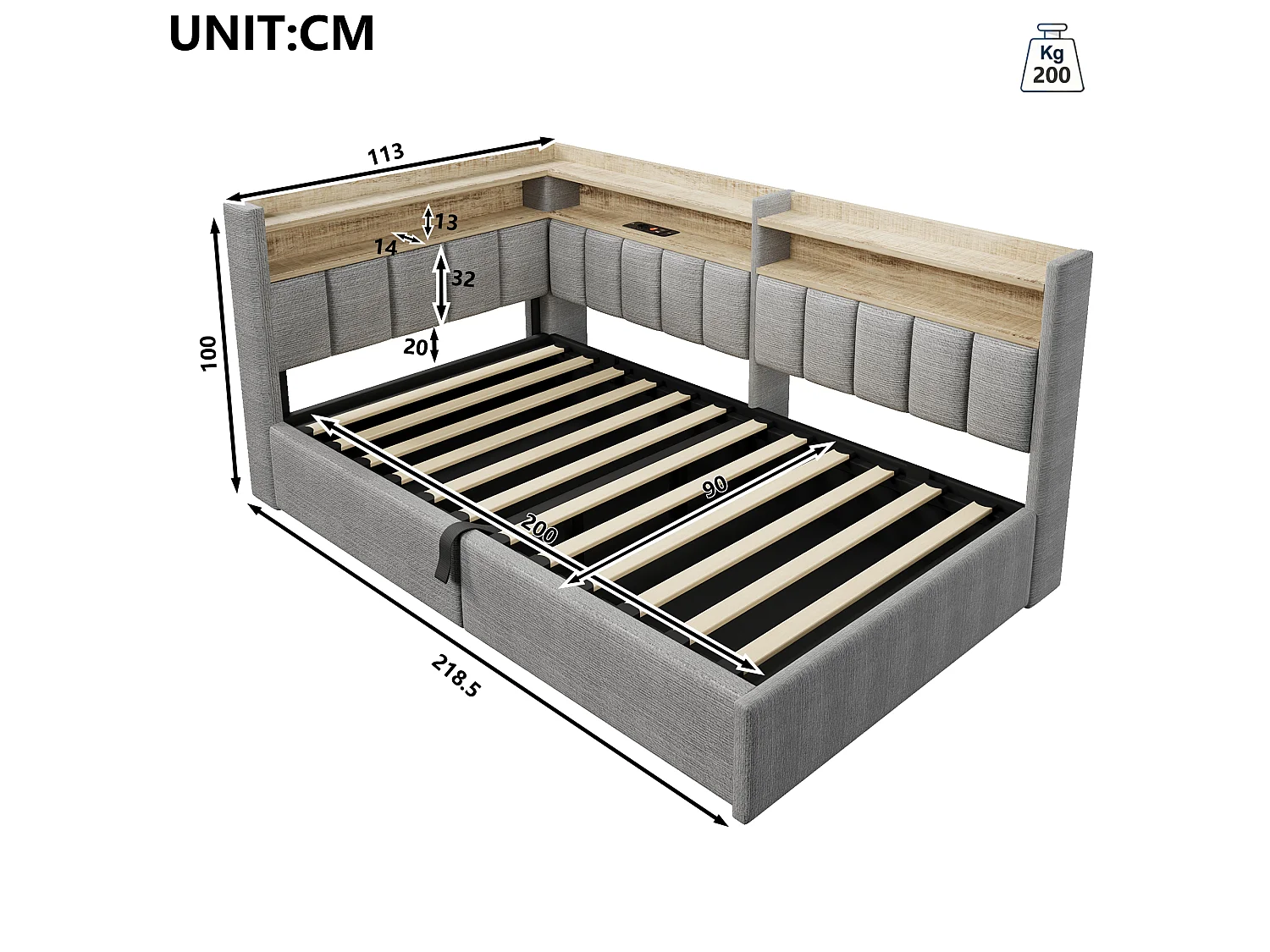 Sovesofa med opbevaringsrum 90 x 200 cm – med LED-belysning og USB-port – Velour – Grå (madras ikke inkluderet)