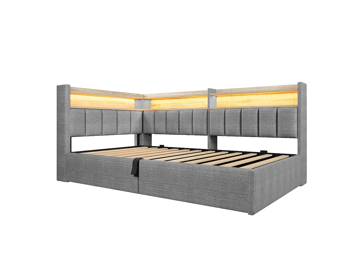 Sovesofa med opbevaringsrum 90 x 200 cm – med LED-belysning og USB-port – Velour – Grå (madras ikke inkluderet)