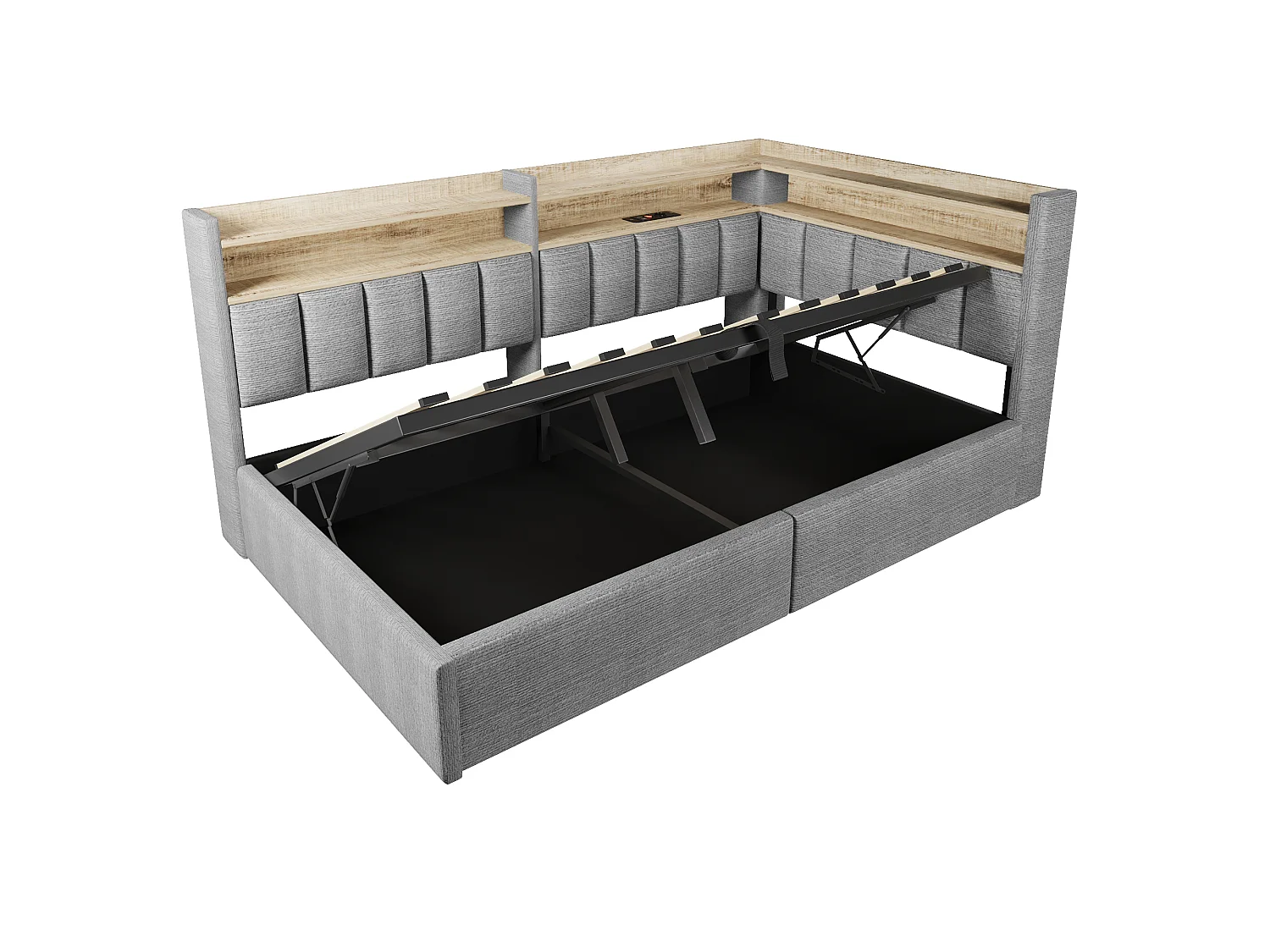 Sovesofa med opbevaringsrum 90 x 200 cm – med LED-belysning og USB-port – Velour – Grå (madras ikke inkluderet)