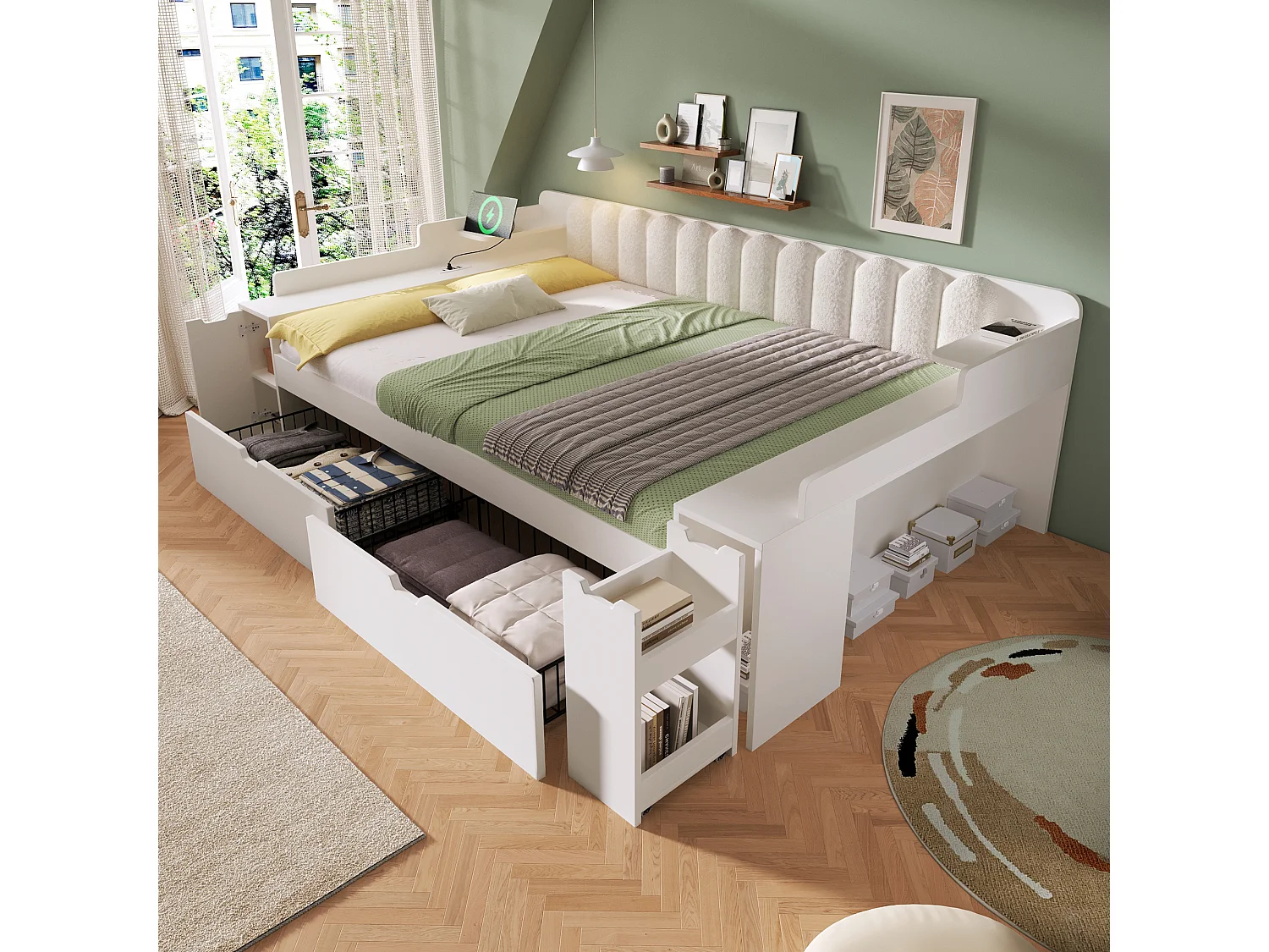 Canapé-lit 140x190cm - avec 2 tiroirs - avec USB/Type-C - compartiment de rangement - dossier polaire sherpa - blanc (matelas non inclus)