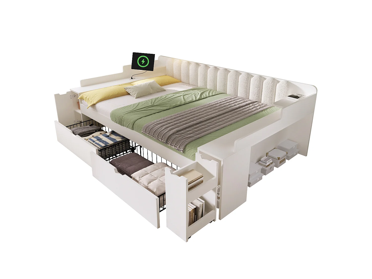 Canapé-lit 140x190cm - avec 2 tiroirs - avec USB/Type-C - compartiment de rangement - dossier polaire sherpa - blanc (matelas non inclus)