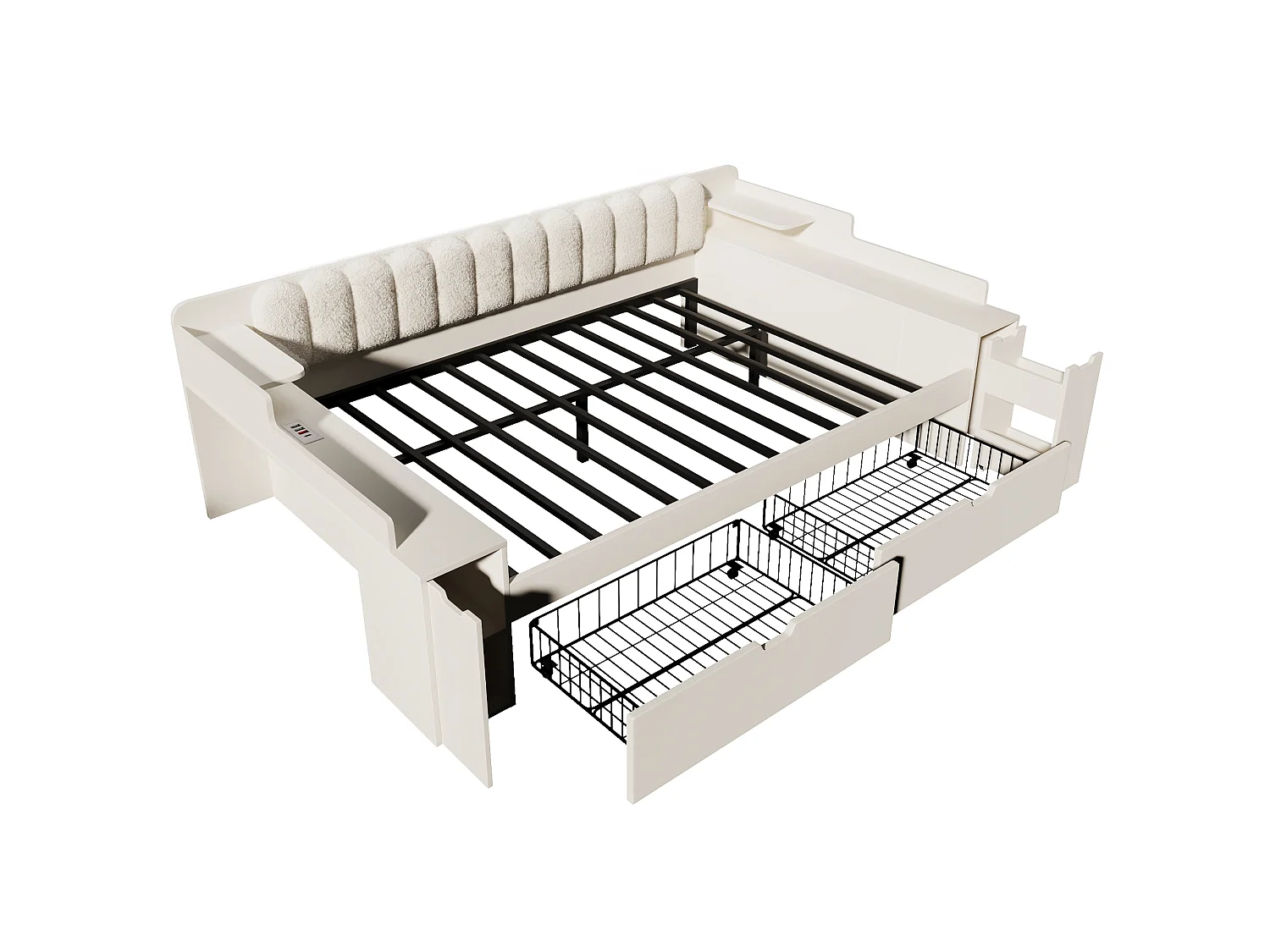 Canapé-lit 140x190cm - avec 2 tiroirs - avec USB/Type-C - compartiment de rangement - dossier polaire sherpa - blanc (matelas non inclus)