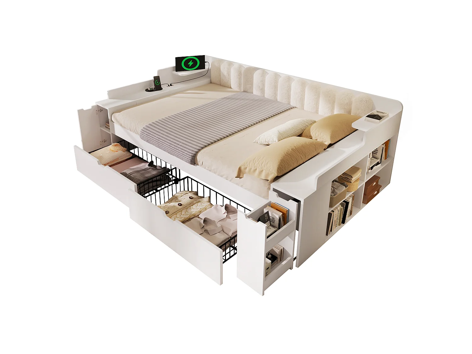Canapé-lit 140x190cm - avec 2 tiroirs - avec USB/Type-C - compartiment de rangement - dossier polaire sherpa - blanc (matelas non inclus)