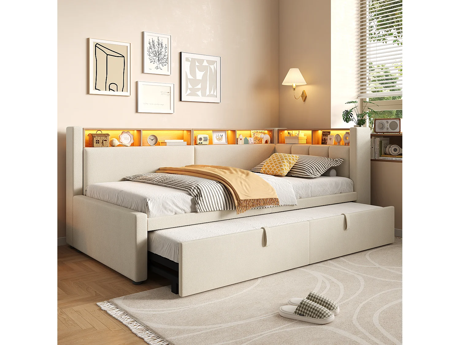 Sofa bed 90 x 200 cm / 180 x 200 cm – With pull-out bed – With LED lighting – Linen upholstery – beige (mattress not included)