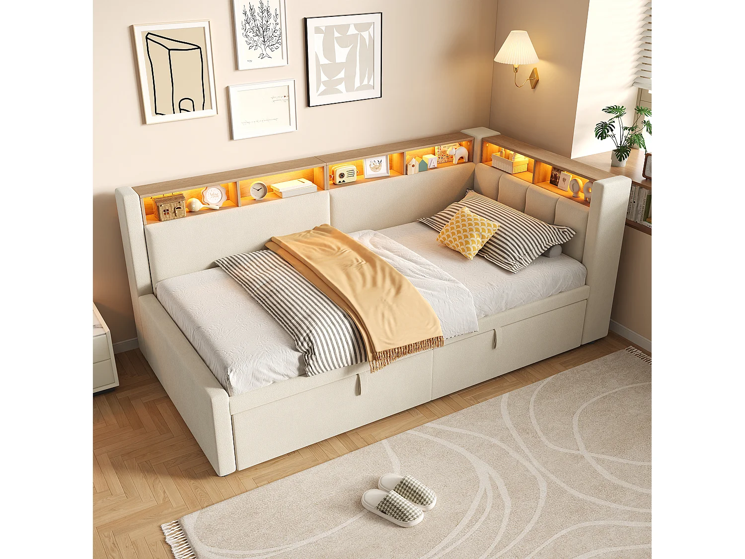 Sofa bed 90 x 200 cm / 180 x 200 cm – With pull-out bed – With LED lighting – Linen upholstery – beige (mattress not included)