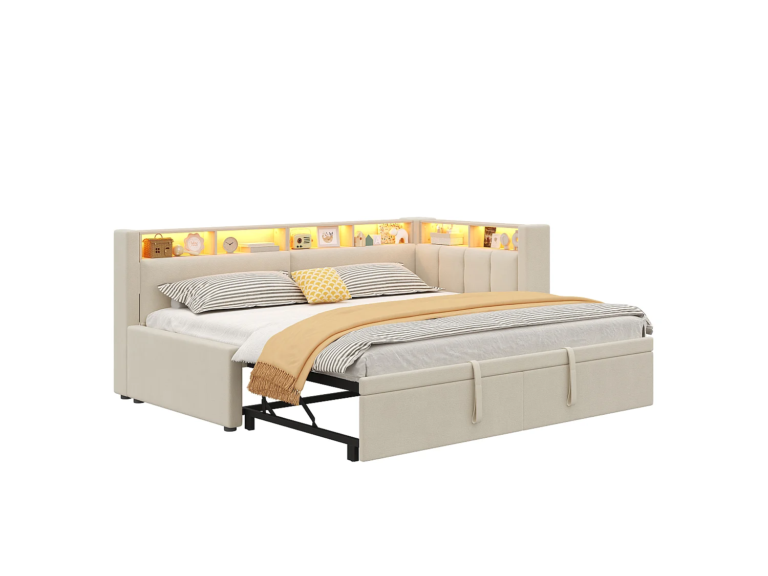Sofa bed 90 x 200 cm / 180 x 200 cm – With pull-out bed – With LED lighting – Linen upholstery – beige (mattress not included)