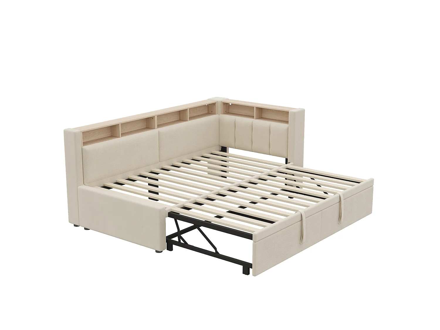 Sofa bed 90 x 200 cm / 180 x 200 cm – With pull-out bed – With LED lighting – Linen upholstery – beige (mattress not included)