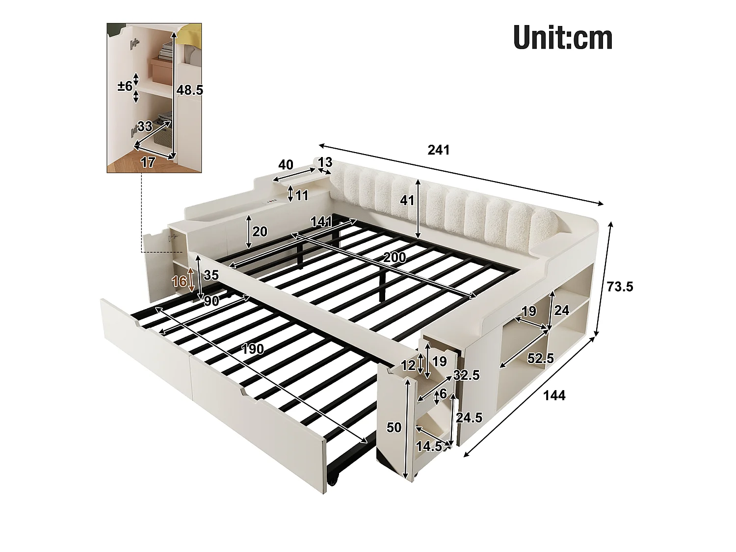 Canapé-lit 140x200cm - avec lit gigogne - avec USB/Type-C - compartiment de rangement - dossier polaire sherpa - blanc (matelas non inclus)