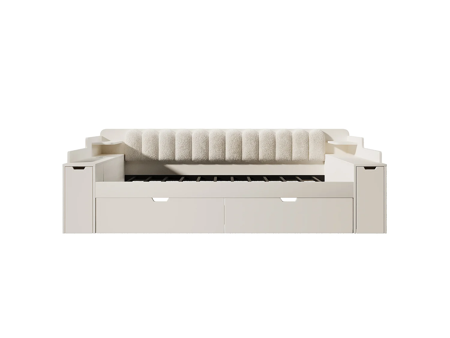 Canapé-lit 140x200cm - avec lit gigogne - avec USB/Type-C - compartiment de rangement - dossier polaire sherpa - blanc (matelas non inclus)