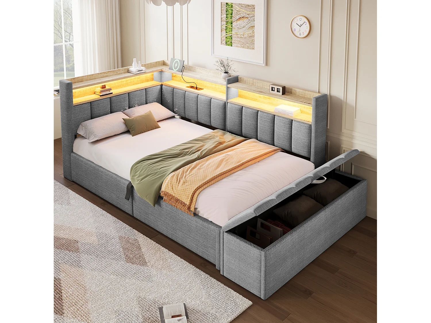 Sovesofa med opbevaringsrum 90 x 200 cm - med stikkontakt - med USB-port + LED-lysbånd - grå (madras ikke inkluderet)