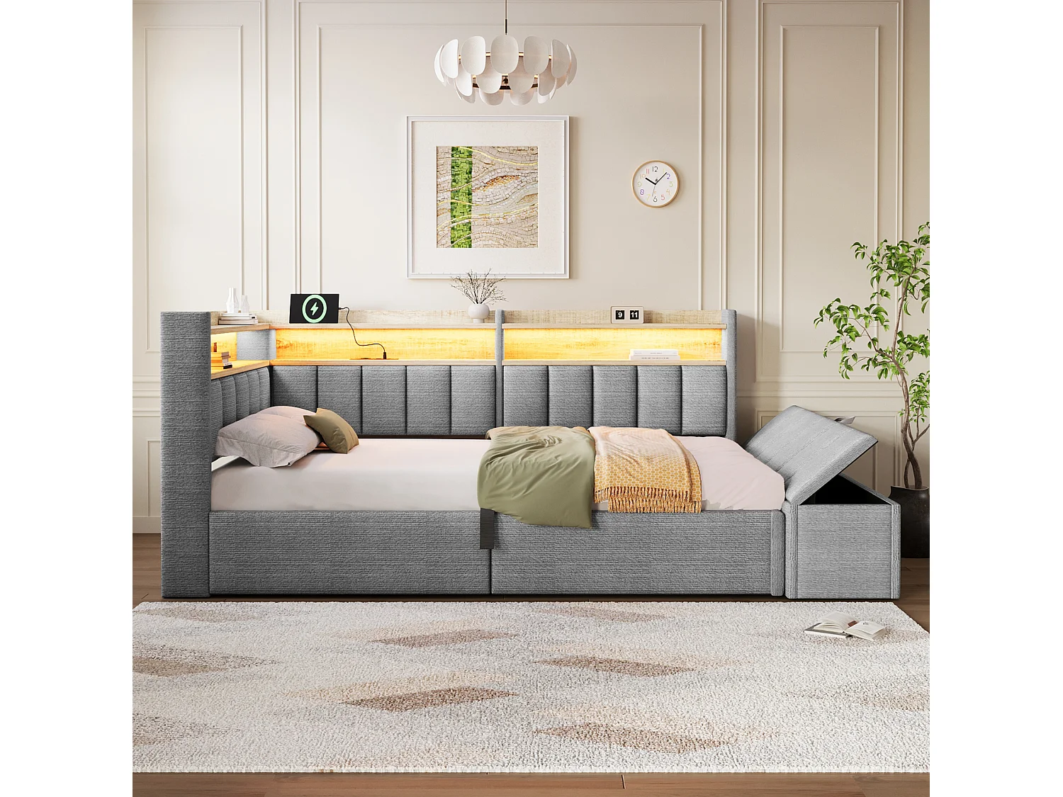 Sovesofa med opbevaringsrum 90 x 200 cm - med stikkontakt - med USB-port + LED-lysbånd - grå (madras ikke inkluderet)