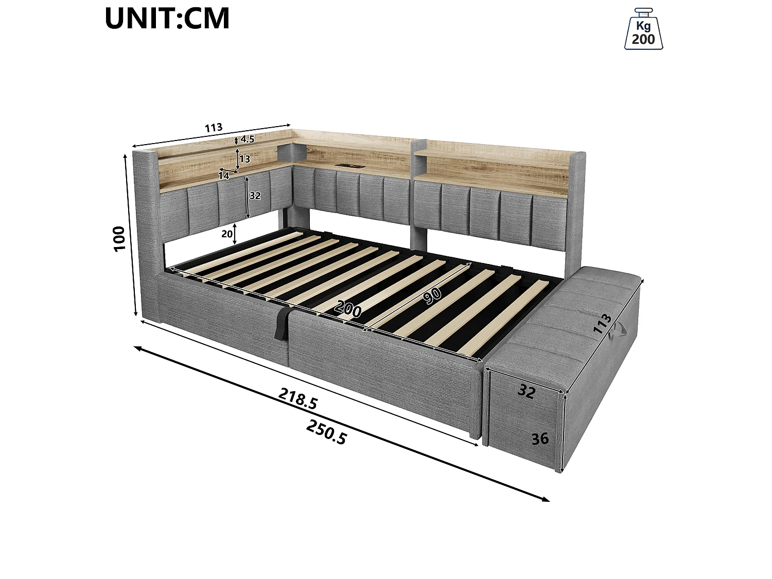 Sovesofa med opbevaringsrum 90 x 200 cm - med stikkontakt - med USB-port + LED-lysbånd - grå (madras ikke inkluderet)