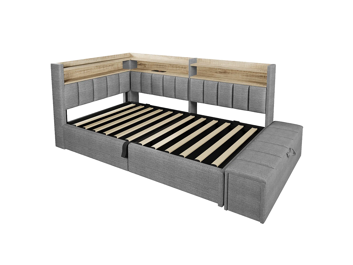 Sovesofa med opbevaringsrum 90 x 200 cm - med stikkontakt - med USB-port + LED-lysbånd - grå (madras ikke inkluderet)
