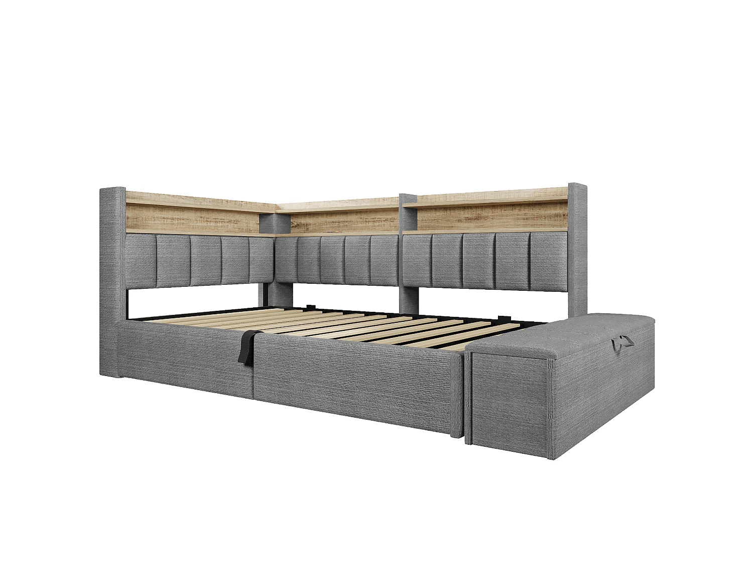 Sovesofa med opbevaringsrum 90 x 200 cm - med stikkontakt - med USB-port + LED-lysbånd - grå (madras ikke inkluderet)