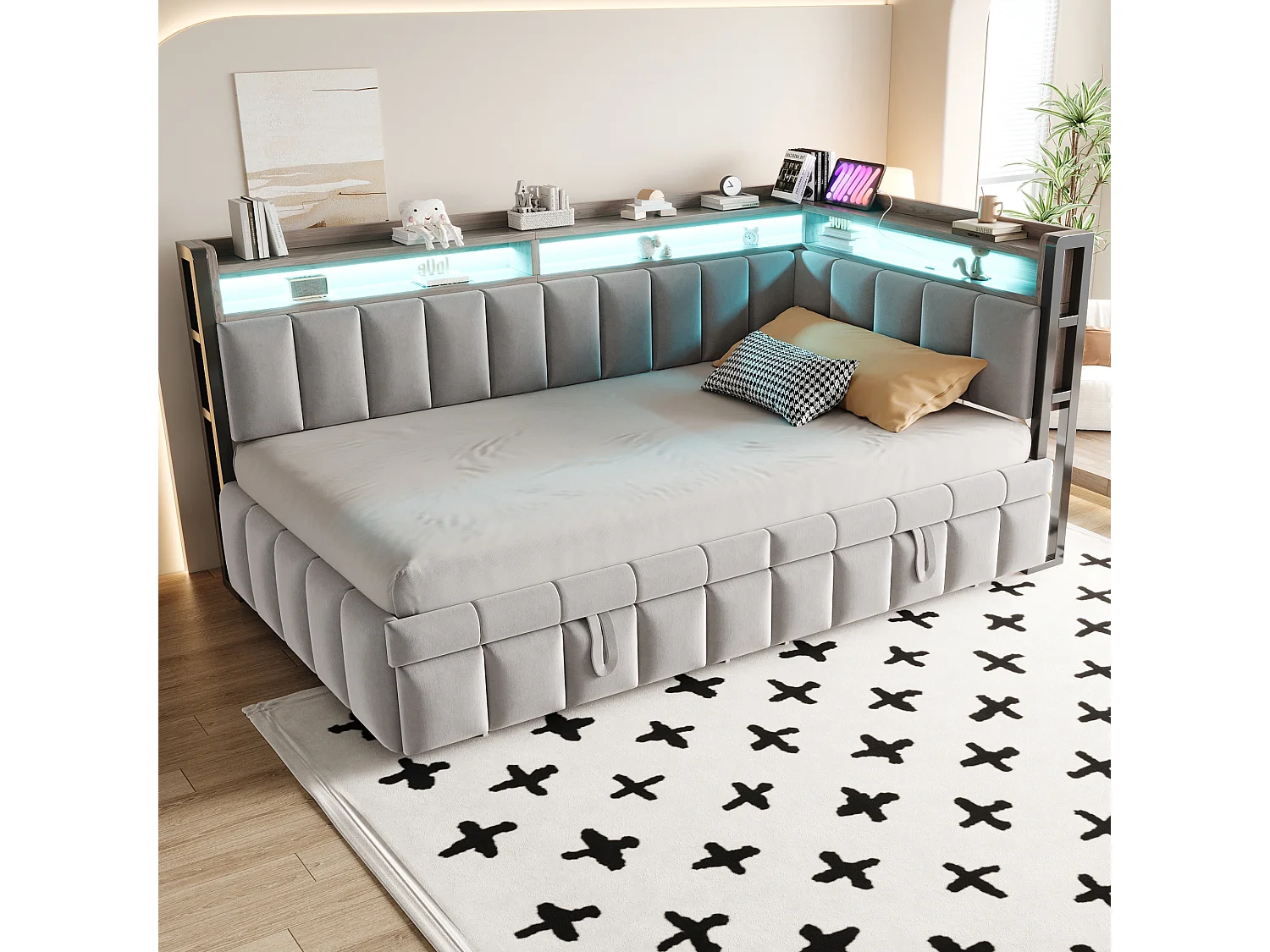 Canapé-lit 90 x 200 cm – avec lit gigogne – avec éclairage LED – avec ports USB et Type-C – Gris clair (matelas non inclus)