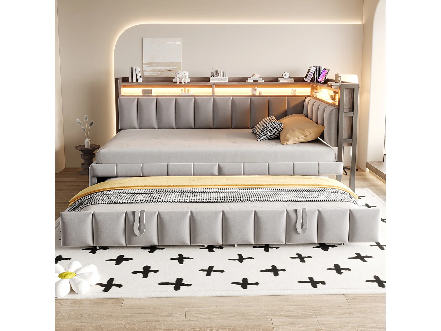 Canapé-lit 90 x 200 cm – avec lit gigogne – avec éclairage LED – avec ports USB et Type-C – Gris clair (matelas non inclus)