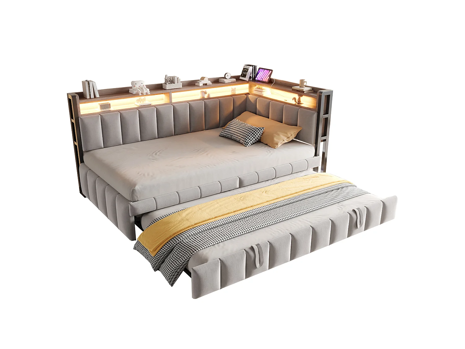Canapé-lit 90 x 200 cm – avec lit gigogne – avec éclairage LED – avec ports USB et Type-C – Gris clair (matelas non inclus)