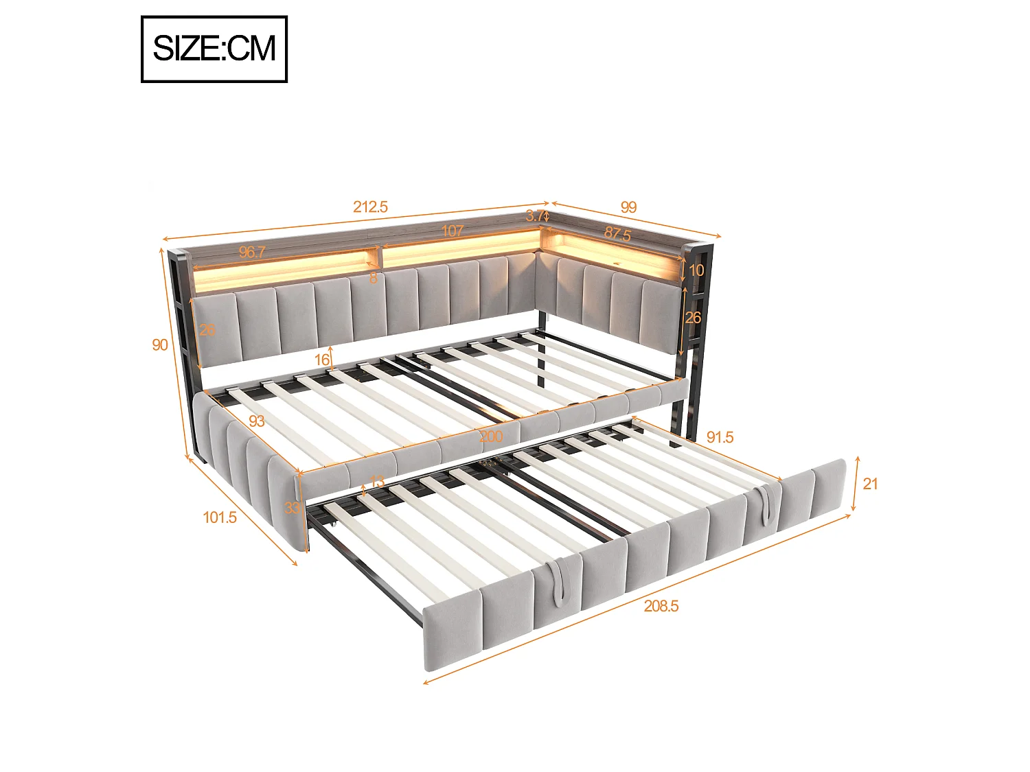 Canapé-lit 90 x 200 cm – avec lit gigogne – avec éclairage LED – avec ports USB et Type-C – Gris clair (matelas non inclus)