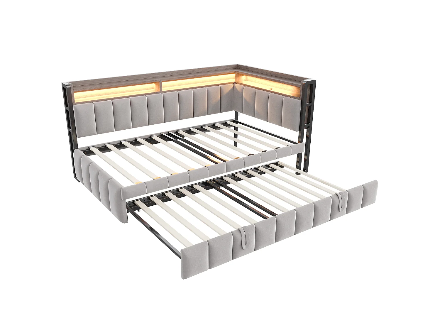Canapé-lit 90 x 200 cm – avec lit gigogne – avec éclairage LED – avec ports USB et Type-C – Gris clair (matelas non inclus)