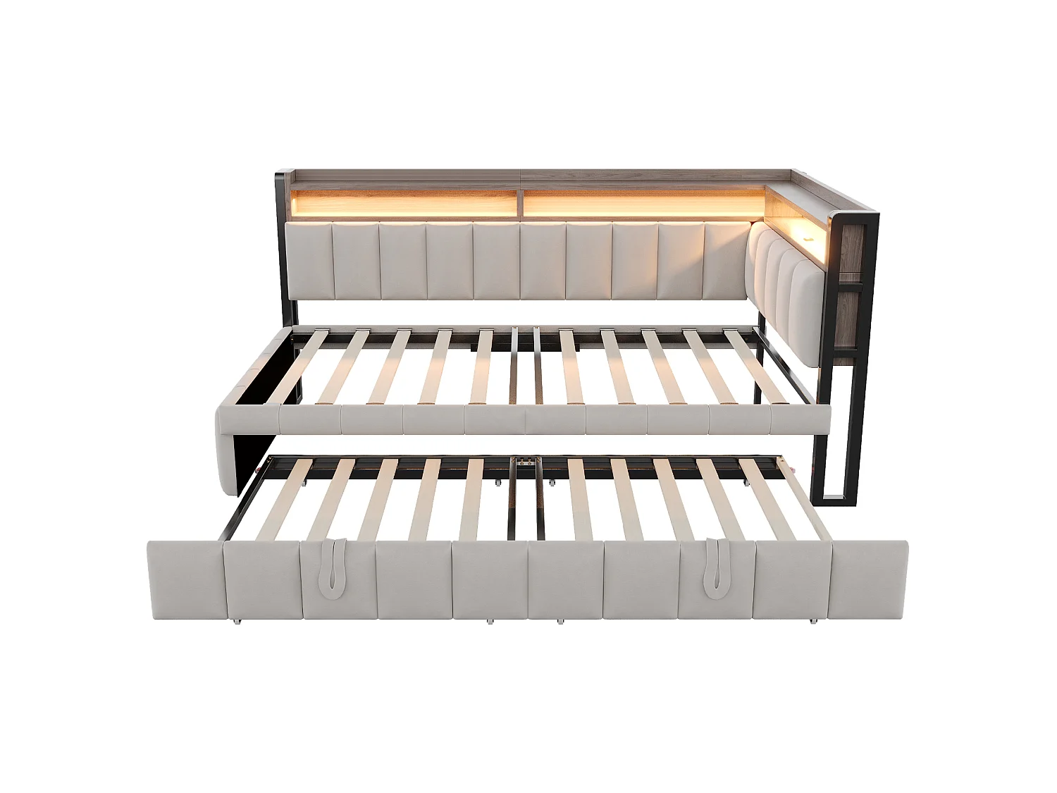 Canapé-lit 90 x 200 cm – avec lit gigogne – avec éclairage LED – avec ports USB et Type-C – Gris clair (matelas non inclus)