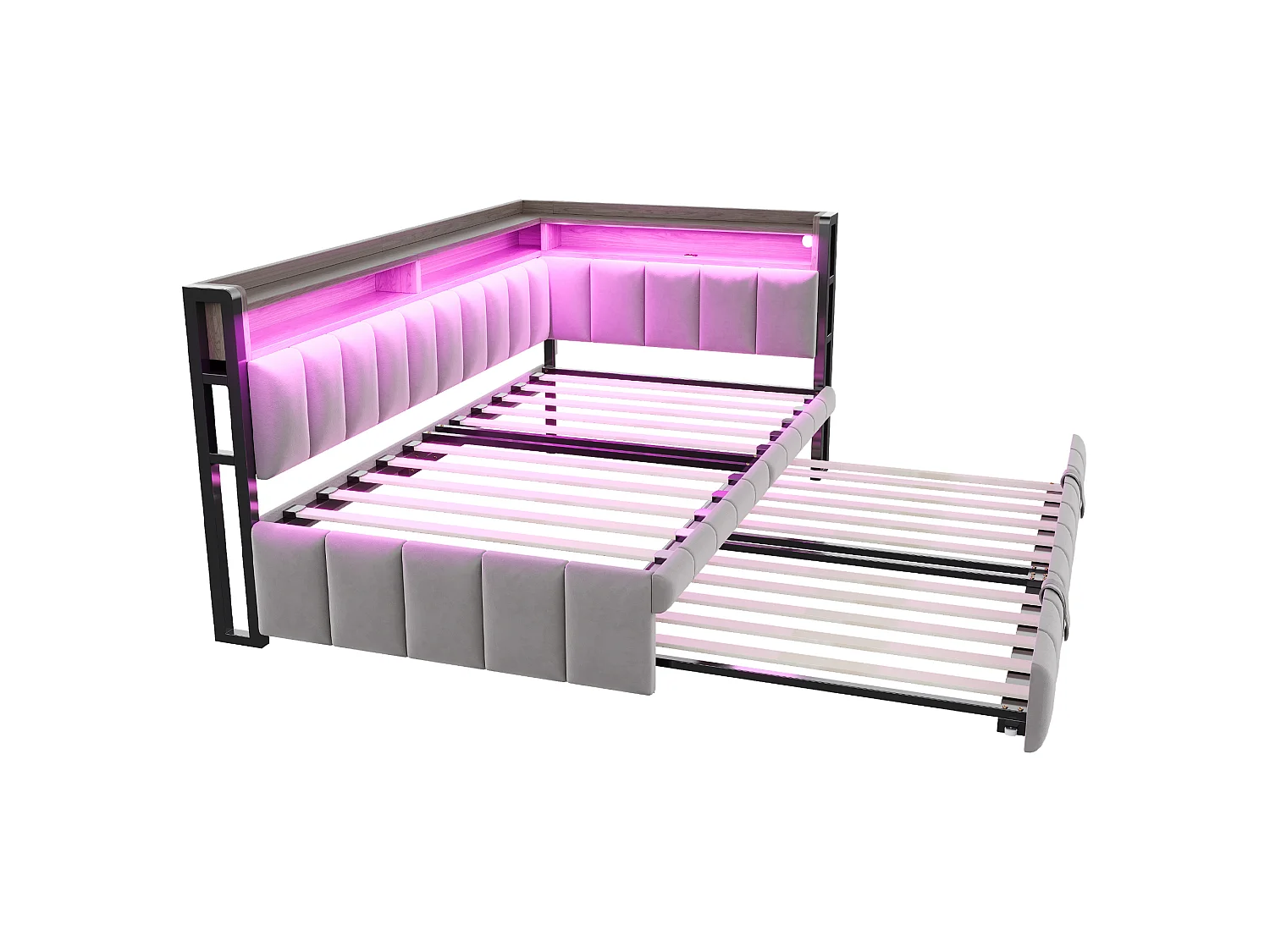 Canapé-lit 90 x 200 cm – avec lit gigogne – avec éclairage LED – avec ports USB et Type-C – Gris clair (matelas non inclus)