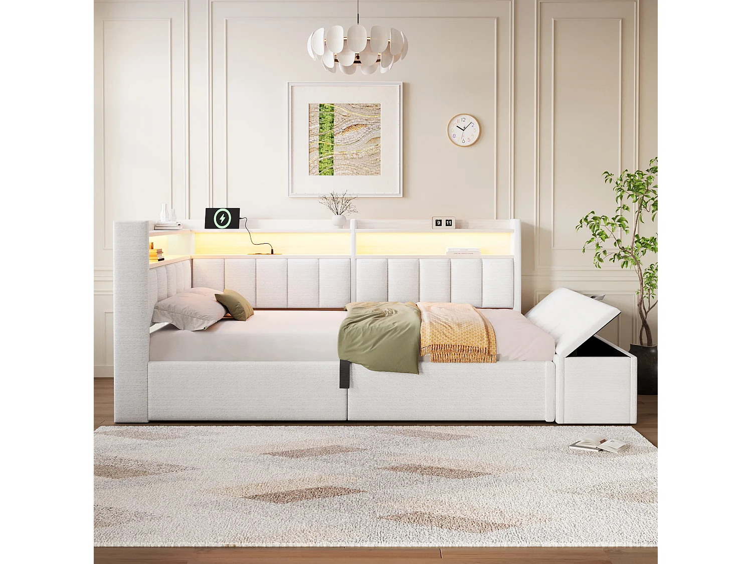 Sovesofa med opbevaringsrum 90 x 200 cm - med stikkontakt - med USB-port + LED-lysstrimmel - beige (madras ikke inkluderet)
