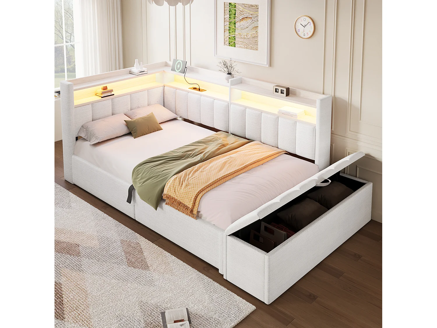 Sovesofa med opbevaringsrum 90 x 200 cm - med stikkontakt - med USB-port + LED-lysstrimmel - beige (madras ikke inkluderet)