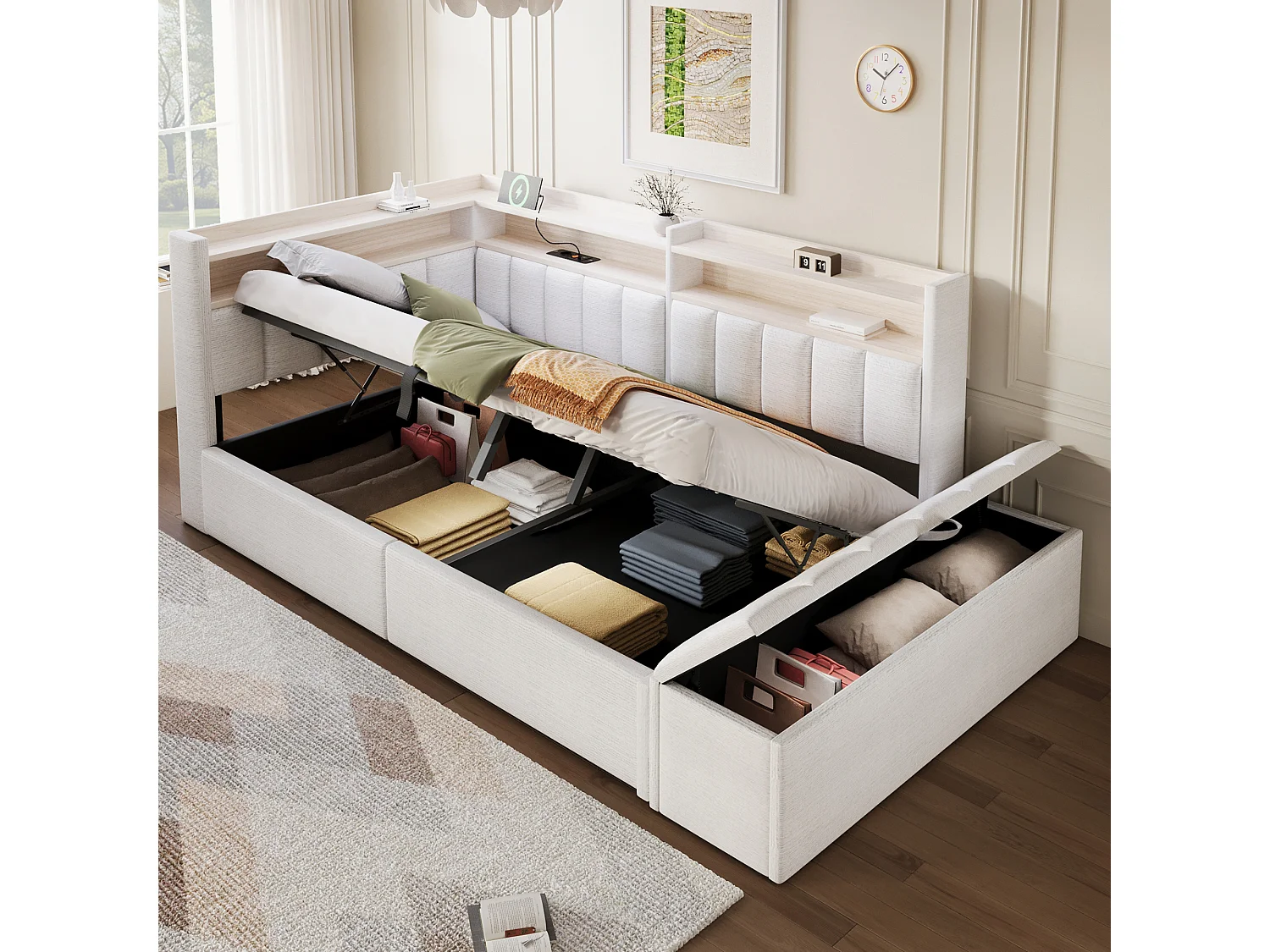 Sovesofa med opbevaringsrum 90 x 200 cm - med stikkontakt - med USB-port + LED-lysstrimmel - beige (madras ikke inkluderet)