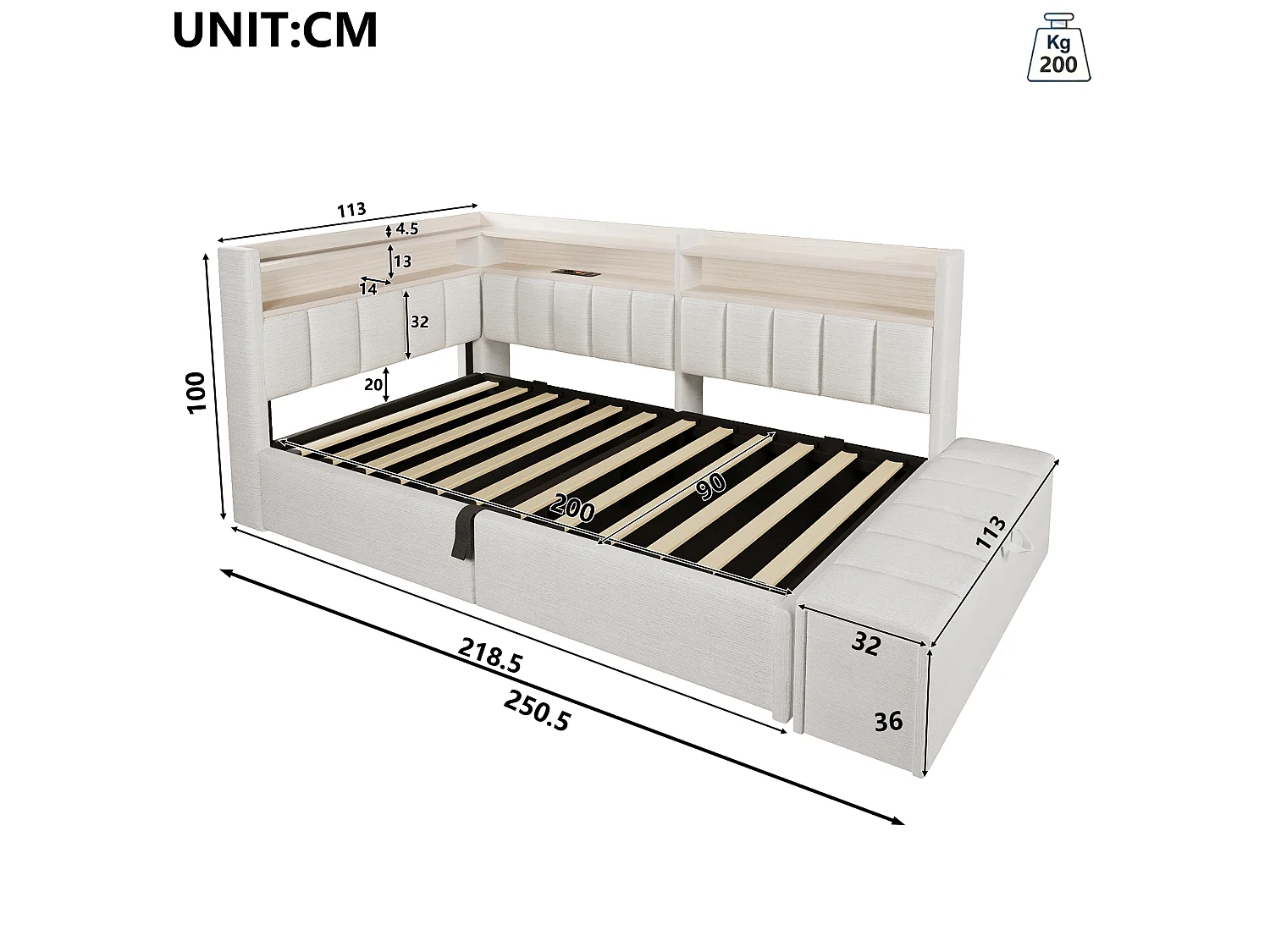Sovesofa med opbevaringsrum 90 x 200 cm - med stikkontakt - med USB-port + LED-lysstrimmel - beige (madras ikke inkluderet)